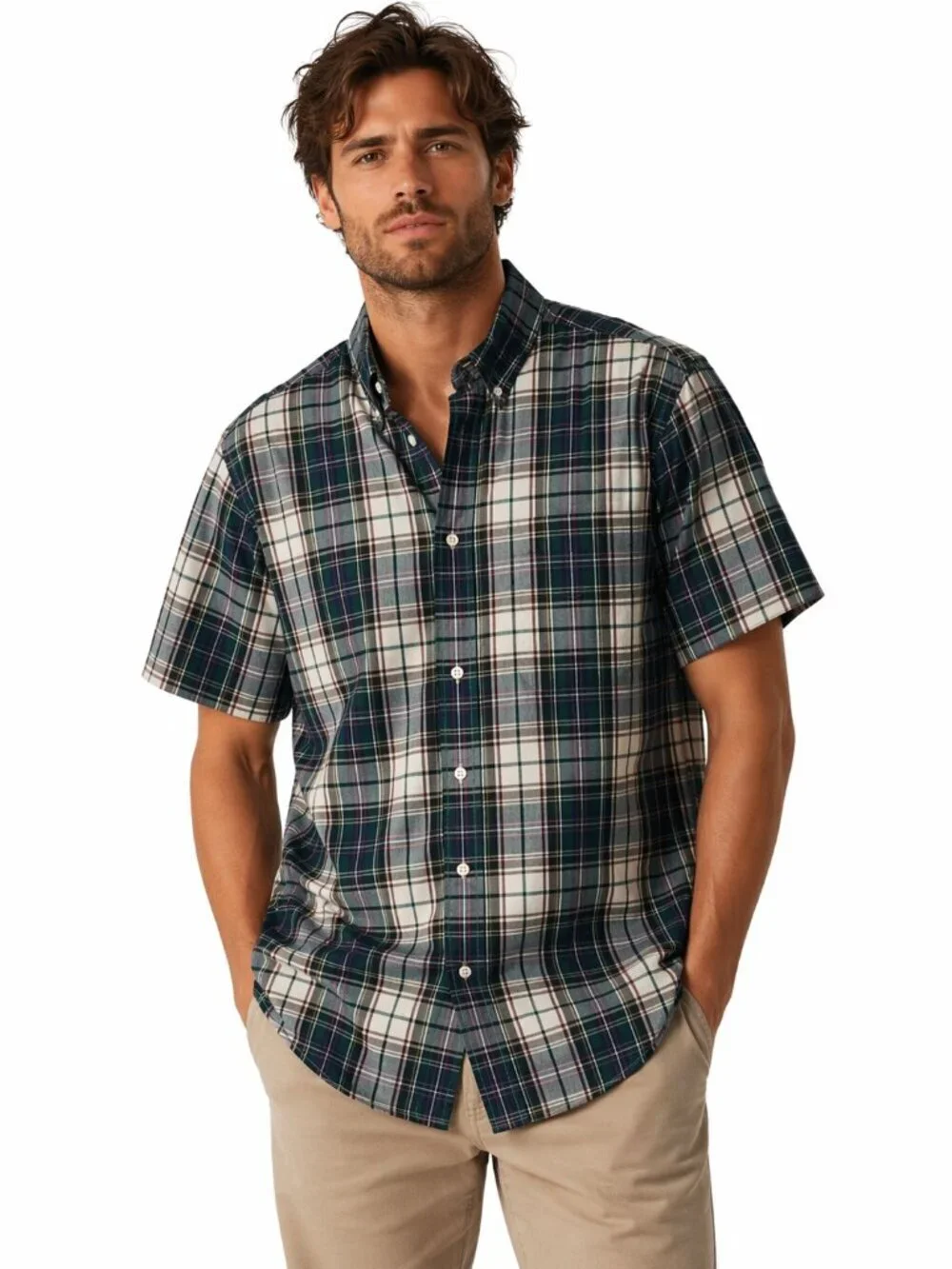 J.Crew Mens Shirt Large Plaid Classic Fit Short Sleeves Pocket BJ734 Cotton NWT